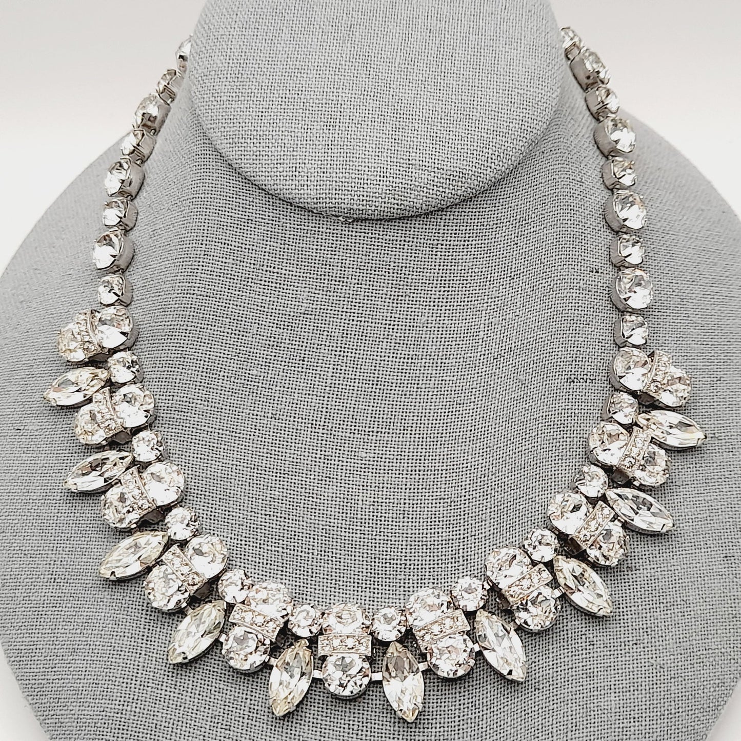 Eisenberg Clear Rhinestone Necklace Rhodium Plated 1950s Bridal Vintage
