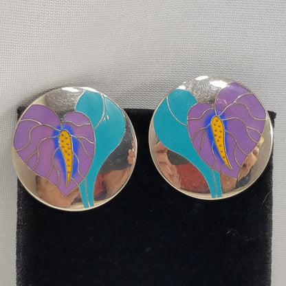 Vintage Laurel Burch "Antherium" Earrings, Rhodium Plated, 1980s Vintage Jewelry