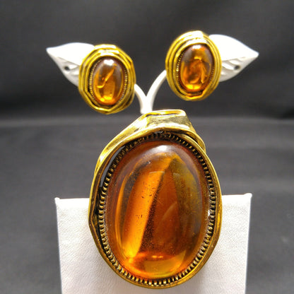 Vintage Carnegie Modernist Brooch Earrings, Light Topaz Glass, 1950s Vintage Jewelry