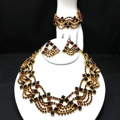 Czech Republic Garnet Red Rhinestone Necklace Bracelet Earrings, Gold Plated, 1990s Vintage Jewelry