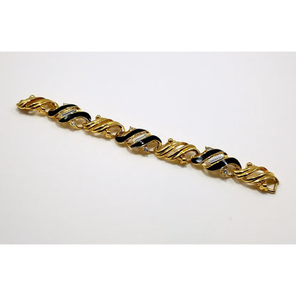 Vintage Crown Trifari Gold Plated Black Enamel Bracelet, Clear Rhinestones, 1960