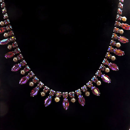 Vintage B. DAVID Pink Red AB Rhinestone Choker Necklace, 1960s, Rhodium Plated