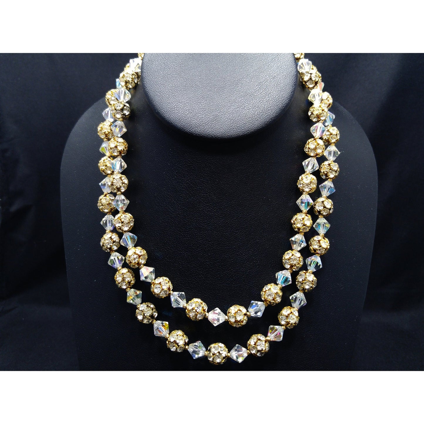 Vintage 1960s AB Crystal Rhinestone Gold Floral Clasp Two Strand Necklace