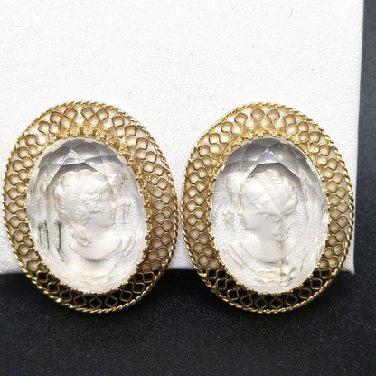 Whiting & Davis Cameo Intaglio Clip Earrings, Gold Plated, 1960s Vintage Jewelry
