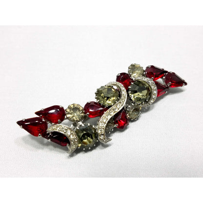 Vintage Red Rhinestone Brooch, Rhodium Plated, Ribbon Design, 1960s Vintage Jewelry
