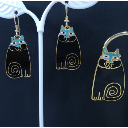 Laurel Burch "Olivia" Cat Earrings & Pendant Brooch Combo, 1980s Vintage Jewelry