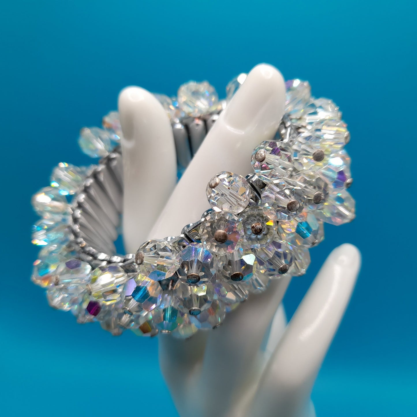 Vintage Japan Expandable Bracelet, Clear Crystal Beads, Cha Cha, 1960s Jewelry