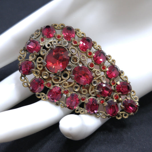 Antique Red Rhinestone Filigree Dress Clip, 1920s Vintage Jewelry