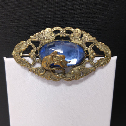 Antique Dragon Overlay Blue Glass Brooch, Edwardian Ornate Pin, 1910s Vintage Jewelry