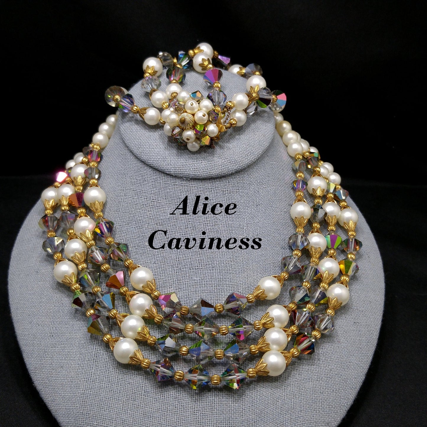 Alice Caviness Necklace & Bracelet Set, Aurora Borealis Crystal Faux Pearl Beads, 1960s Vintage Jewelry