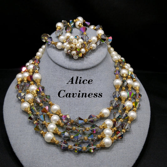 Alice Caviness Necklace & Bracelet Set, Aurora Borealis Crystal Faux Pearl Beads, 1960s Vintage Jewelry
