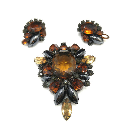 Vintage Weiss Japanned Topaz Rhinestone Brooch & Earrings