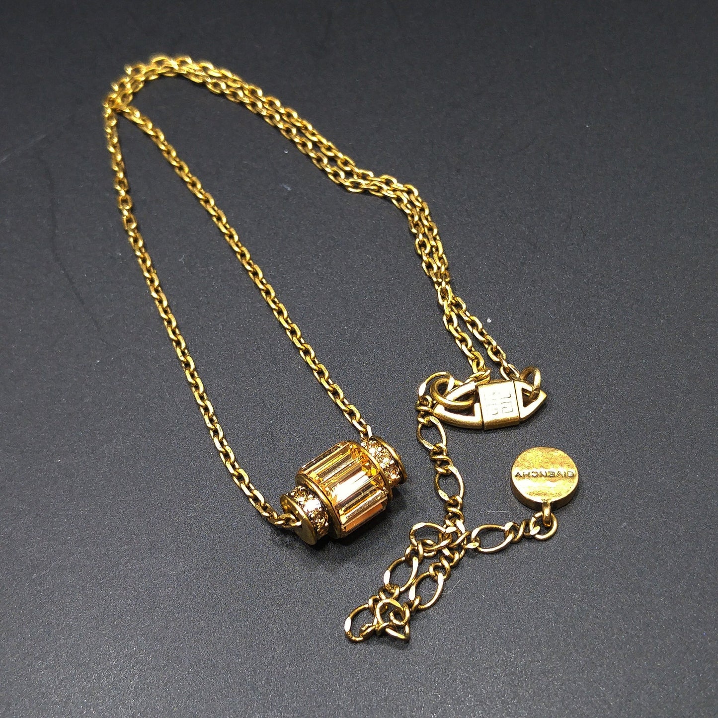 Vintage Givenchy Barrel Pendant Necklace, Topaz & Clear Rhinestones, 1990s
