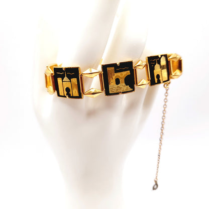 Vintage Damascene Castle Link Bracelet, Spanish Gold Black Jewelry, 7 Inch Chain
