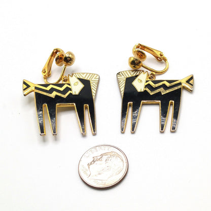 Laurel Burch "Temple Horse" Clip Earrings, Black White Enamel, Gold Plated, 1980s Vintage Jewelry