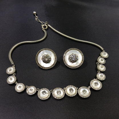 Mother of Pearl Rhinestone Jewelry, Necklace & Clip Earring Set, 1940s Vintage