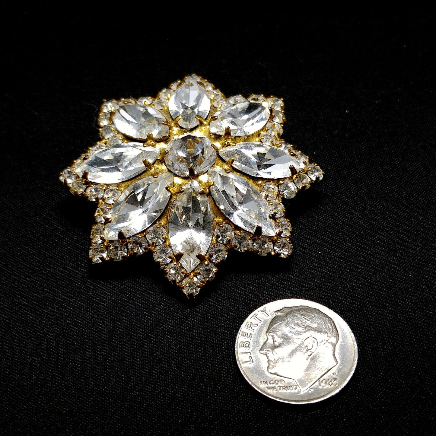 Eisenberg Ice Clear Rhinestone Flower Brooch, Gold Plated, 1960s Vintage Jewelry