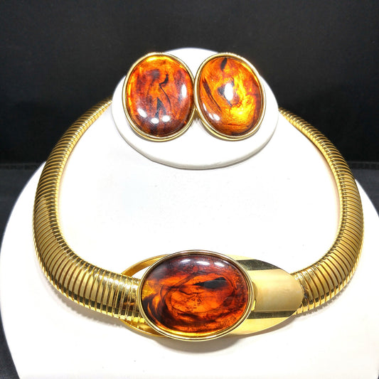 Topaz Lucite Omega Necklace Post Earrings, Faux Tortoise, 1980s Vintage Jewelry