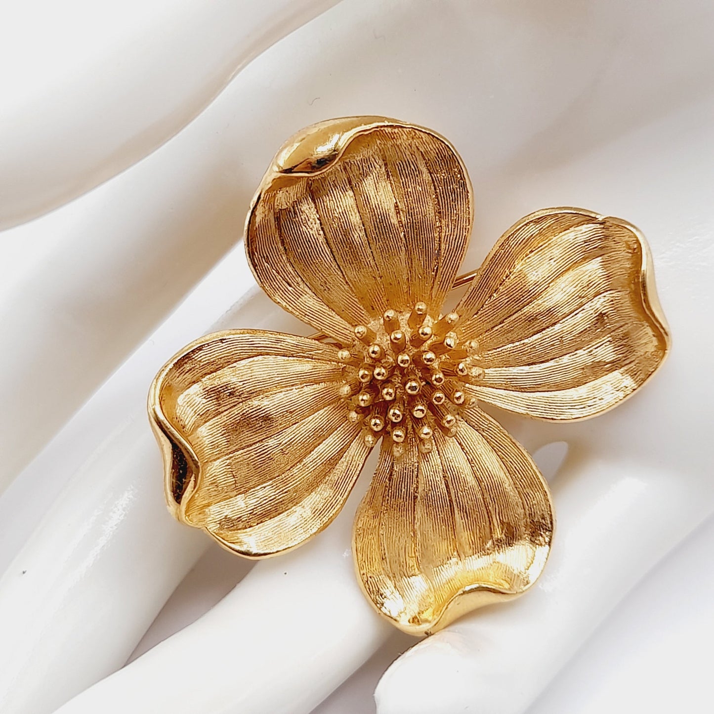 Vintage Crown Trifari Dogwood Brooch - Gold-Plated Floral Pin - 1 3/4 Inch