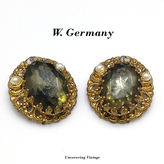 West Germany Gray Green Clip Earrings, Clear Glass & Faux Pearls, 1950s Vintage Jewelry