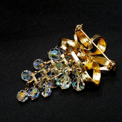 Crystal Beaded Grape Cluster Brooch, Gold Plated Bow, 1960s Vintage Jewelry