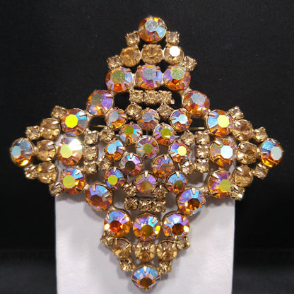 Topaz Glass Rhinestone Large Brooch, Aurora Borealis, 1960s Vintage Jewelry