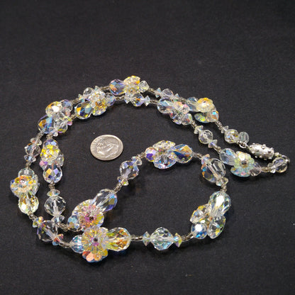 Vendome Flower Margarita Beaded Necklace, Aurora Borealis Clear Crystal Beads, 1960s Vintage Jewelry