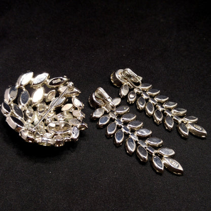 Weiss Clear Rhinestone Brooch and Long Dangle Earrings Set – 1950s Rhodium Plated