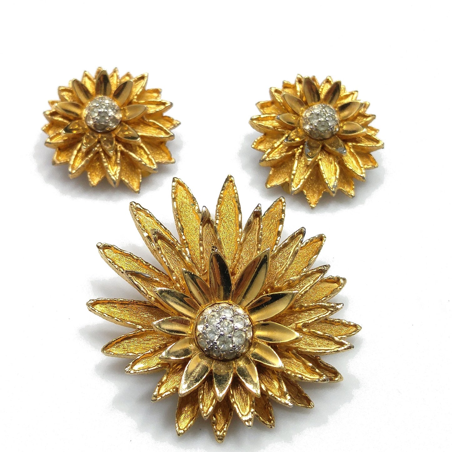 Joseph Mazer Flower Brooch & Earrings, Gold Plated, 1960s Vintage Jewelry