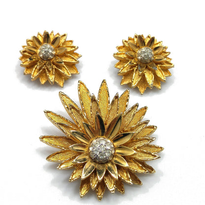 Joseph Mazer Flower Brooch & Earrings, Gold Plated, 1960s Vintage Jewelry