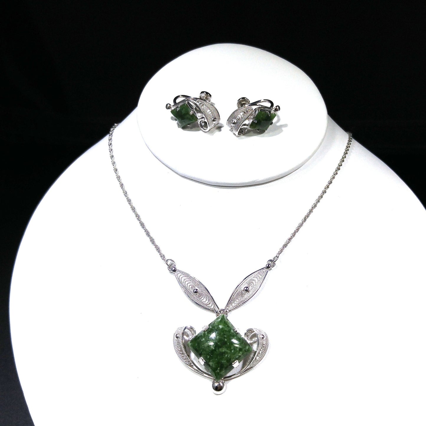 Sorrento Sterling Green Gemstone Necklace Screw Back Earrings Set,
