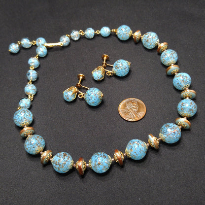 Kramer Turquoise Gold Beaded Necklace & Earrings Set, Gold Glitter Murano Glass