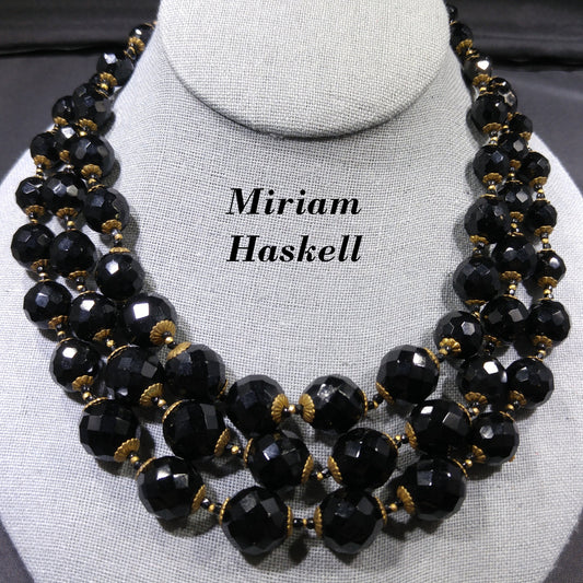 Miriam Haskell Black Beaded Necklace, Three Strands, 1960s Vintage Jewelry