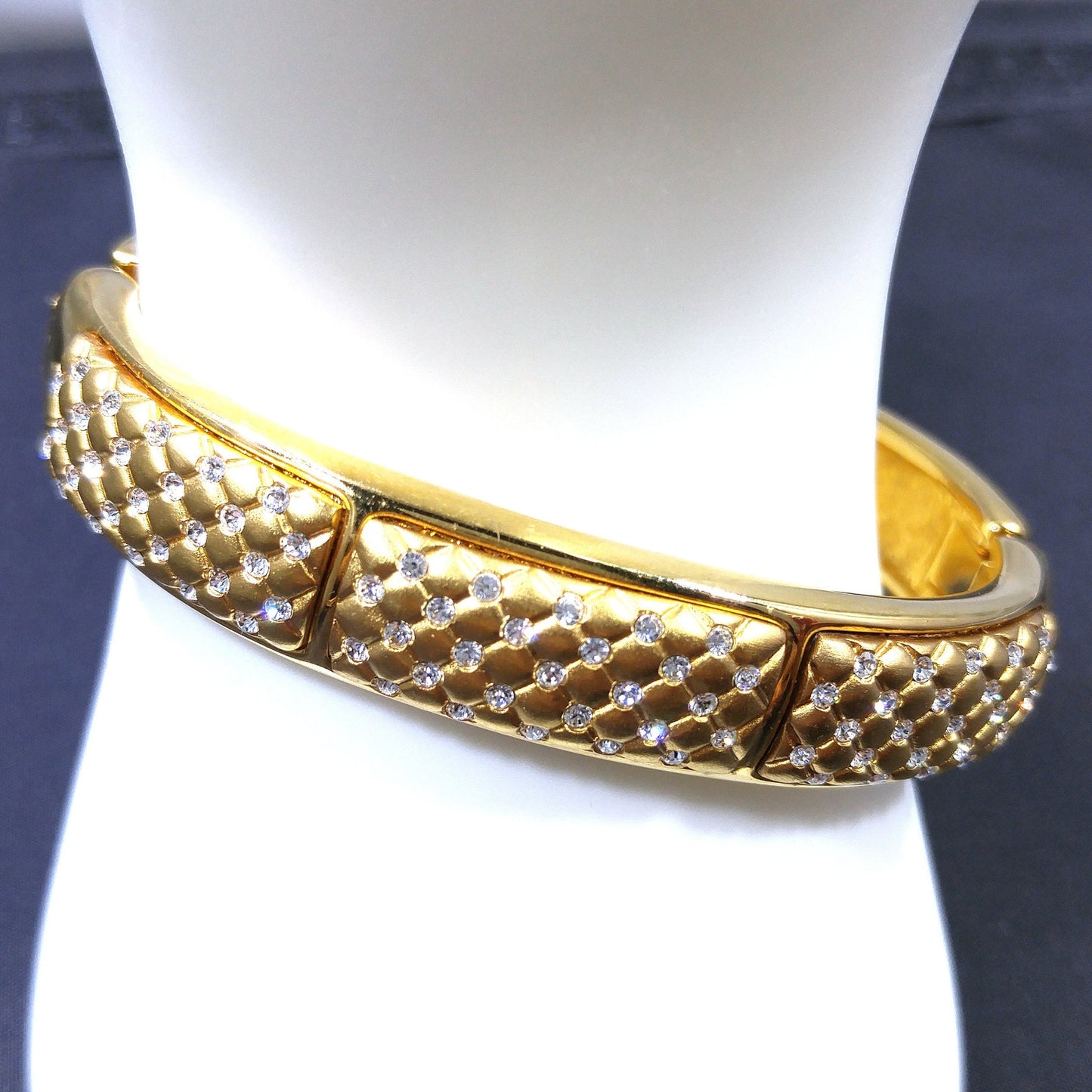 Vintage Swarovski Gold Plated Hinged Cuff Bracelet Clear Rhinestones Swan Logo
