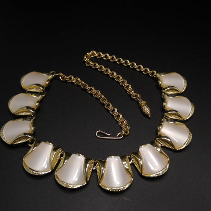 Mid-Century White Moonglow Choker Necklace, Gold Tone, 1950s Vintage Jewelry