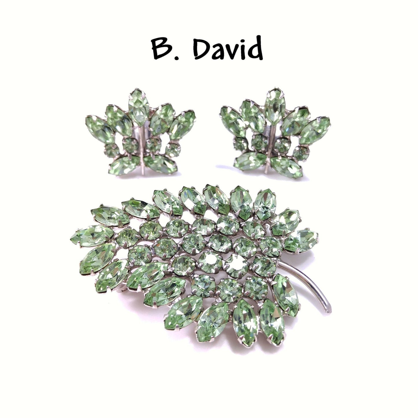 B. David Peridot Rhinestone Brooch & Earrings, Silver Tone, 1950 Vintage Jewelry