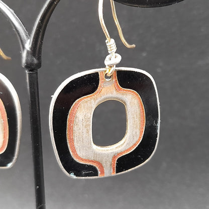 Vintage Laurel Burch Black Gold Drop Earrings, Open Center, Pink Metallic Ring