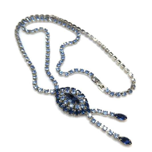 Mid Century Blue Rhinestone Rhodium Plated Necklace, Light & Dark Blue Rhinestones, 1960s Vintage Jewelry