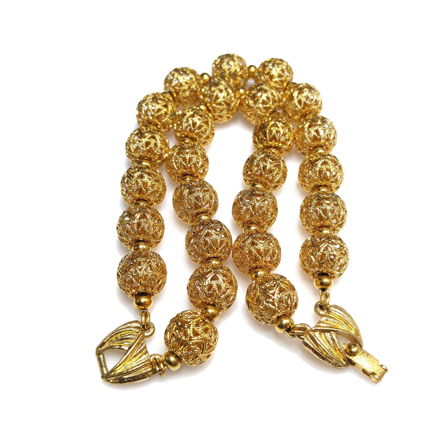 Monet Filigree Beaded Two Strand Bracelet, Gold Plated, Strung on Chain, 1960s Vintage Jewelry