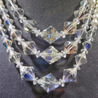 Faux Pearl AB Crystal Beaded Necklace, 3 Strands, 1950s Vintage Jewelry
