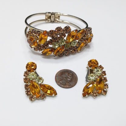 Rhinestone Hinged Bracelet & Earrings, Light Topaz Jonquil, 1960s Vintage Jewelry