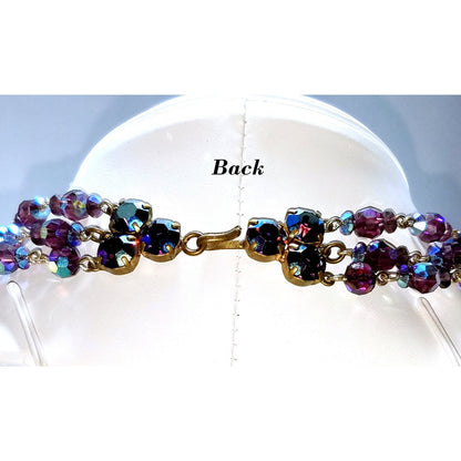 Vintage Made in France Purple AB Crystal Necklace Earrings Set 1950s Demi Parure