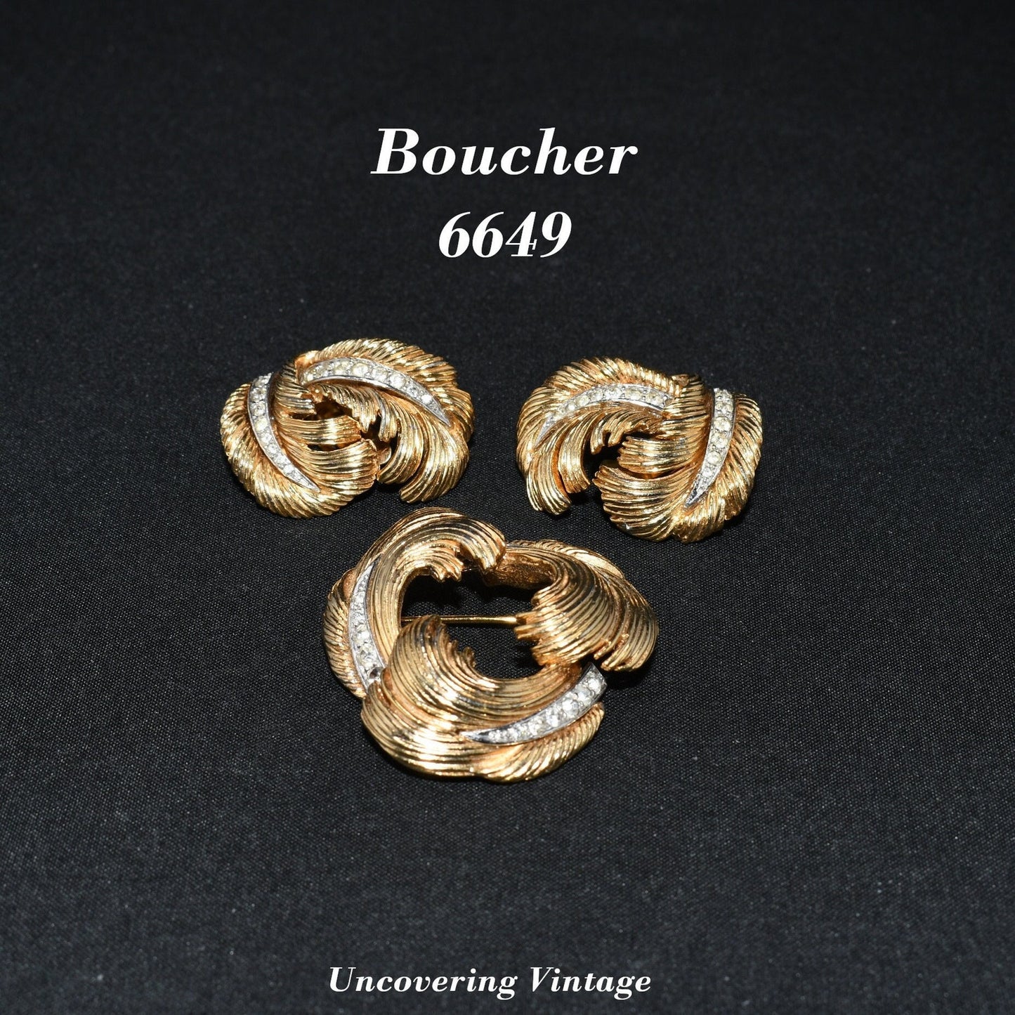 Boucher #6649 Rhinestone Brooch Earrings Set, Clear Rhinestones, Gold Plated, 1950s Vintage Jewelry