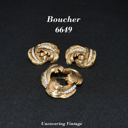 Boucher #6649 Rhinestone Brooch Earrings Set, Clear Rhinestones, Gold Plated, 1950s Vintage Jewelry