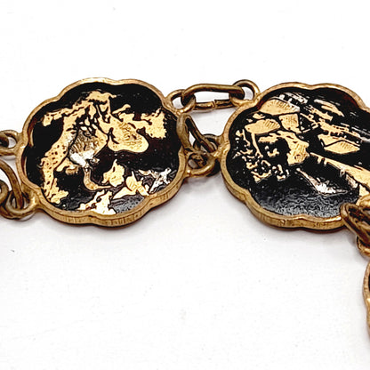 Authentic Japanese Damascene Bracelet - Vintage 6.5" Link Style - Black Gold Inlay