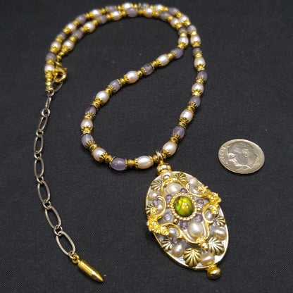 Michal Golan Amethyst Beaded Pendant Necklace, Faux Pearls, Artisan Vintage Jewelry