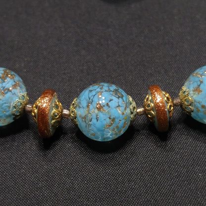 Kramer Turquoise Gold Beaded Necklace & Earrings Set, Gold Glitter Murano Glass