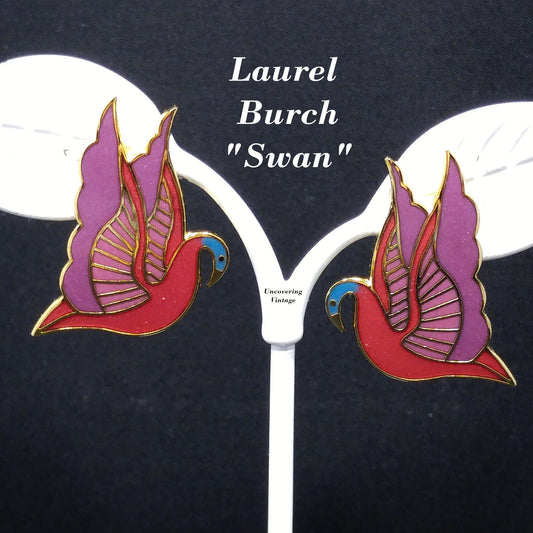 Laurel Burch "Swan" Cloisonné Post Earrings, Red Purple Pink Blue Enamel, Gold Plate, 1980s Vintage Jewelry