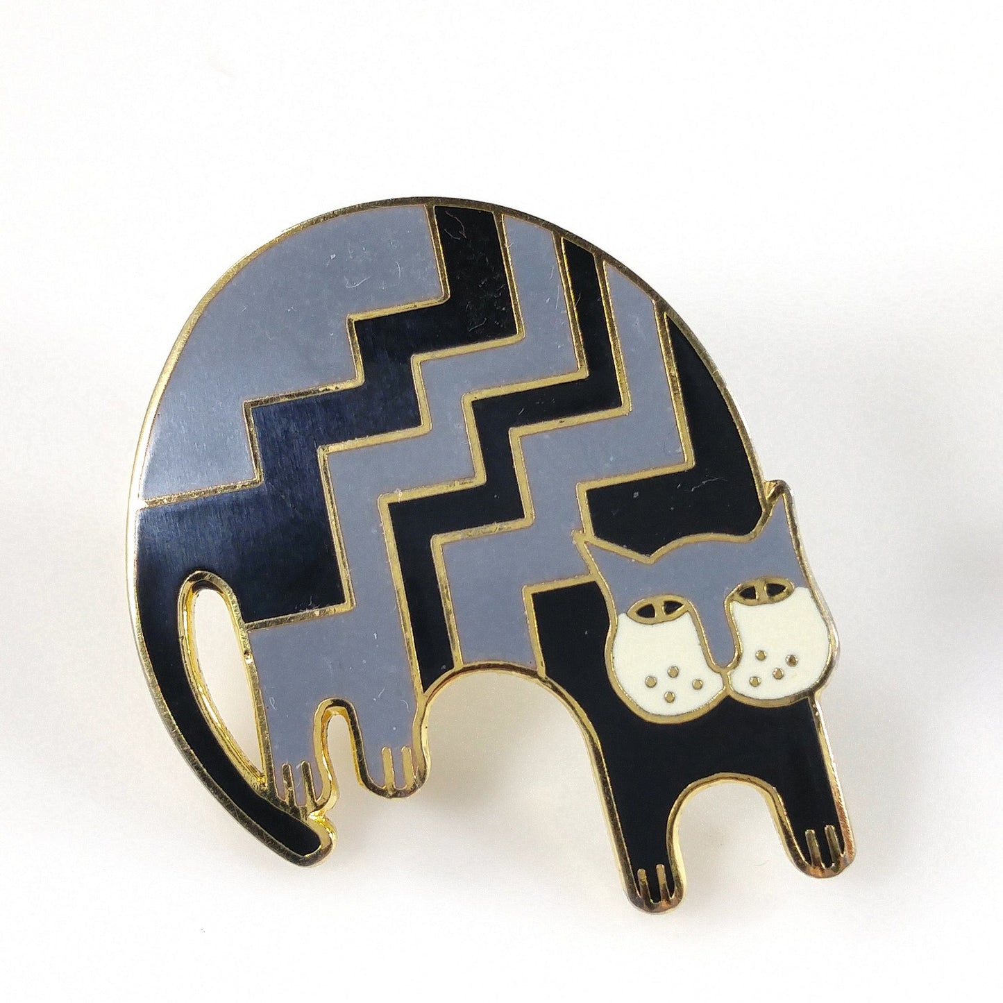 Vintage Laurel Burch "Aztec Cat" Post Earrings, Gold Plated, Black Gray Enamel