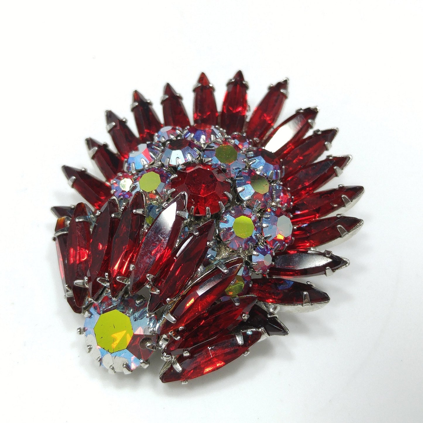 Ruby Red Rhinestone Navette Brooch, Unsigned Designer Beauty, Rhodium Plated, 1960s Vintage Jewelry